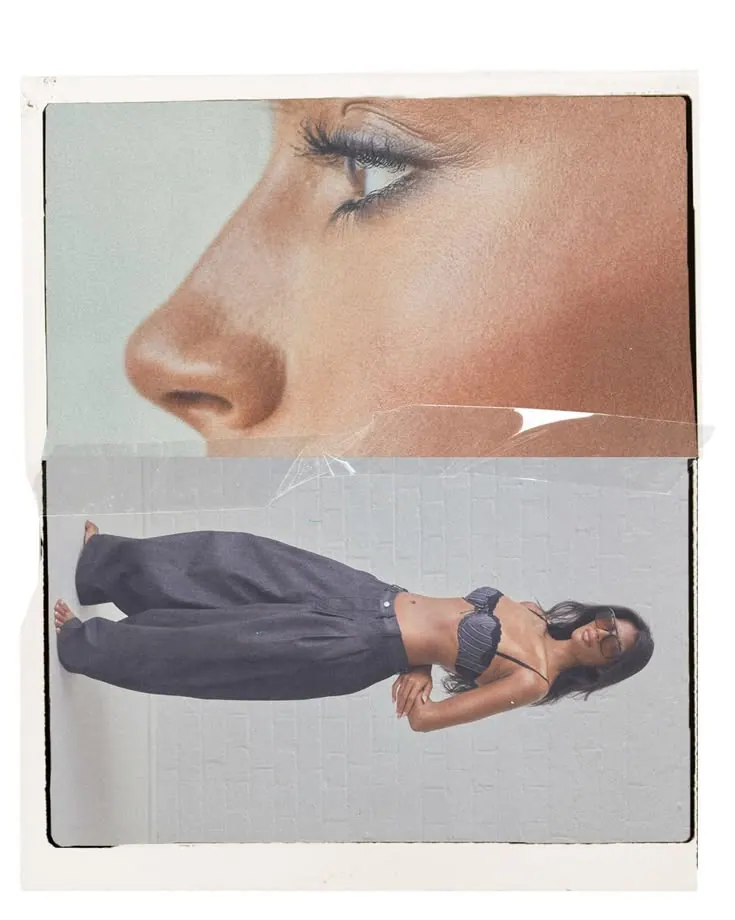 Torn magazine collage: a profile in close-up above a reclining figure in wide trousers