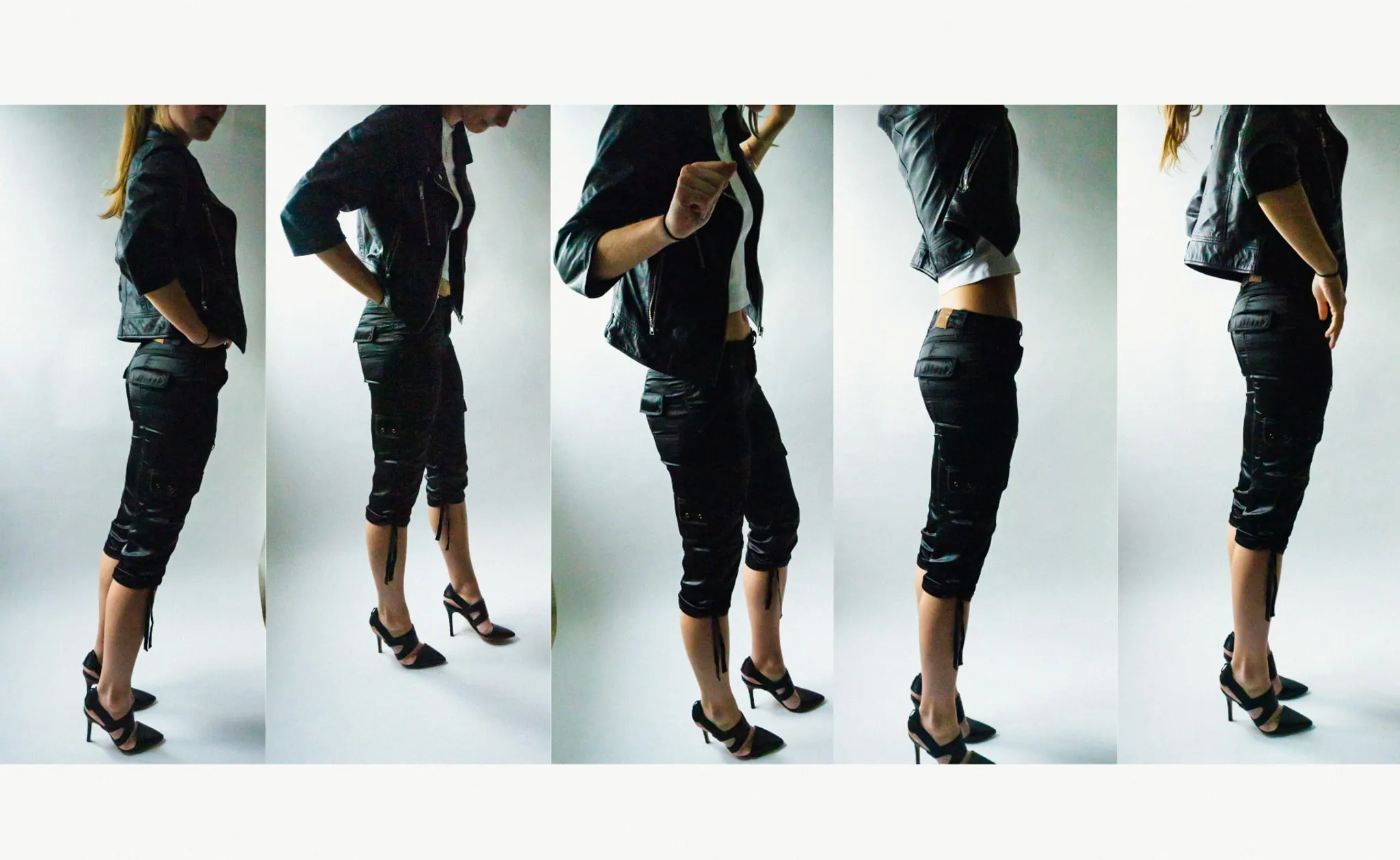 Five studies of a satin cropped trouser worn with black strappy heels